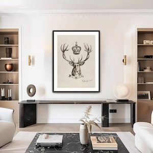 Arte de boceto de trofeo vintage con cresta de ciervo, arte figurativo, boceto vintage, dibujo vintage, impresión de boceto rústico, arte de pared de galería minimalista 414
