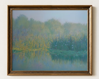 Impressionist Lake Print, Vintage Garden Pond Oil Painting, Traditional Abstract Art, Botanical Landscape Prints, Sage Green Wall Decor 1150