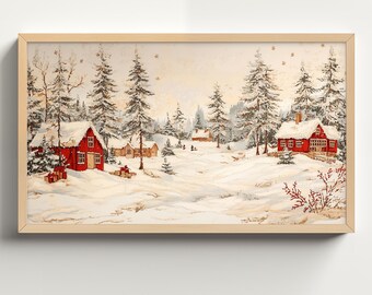 Red Farmhouse Christmas Frame TV Art, Rustic Xmas Tree Forest, Winter Village Snowy Forest Oil Painting, Holiday Landscape Samsung TVX36