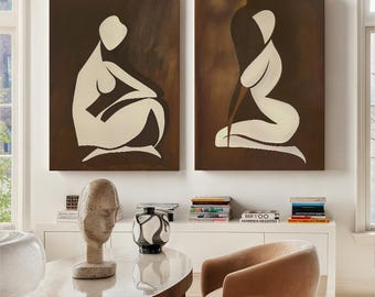 Abstract Women Art Prints, Vintage Female Painting, Antique Figurative Drawing Set of 2, Couple Artwork Minimalist Wall Decor 693