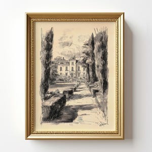 Vintage French Garden Drawing, Architecture Paris Wall Art Sketch, Minimalist Sketch Print 1 of 5, Neutral Vintage Sketch 501