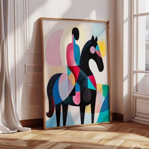 Dipinto a olio su tela di cavallo colorato, originale stampa artistica minimalista astratta da parete, colori vivaci, grande decorazione moderna contemporanea di metà secolo