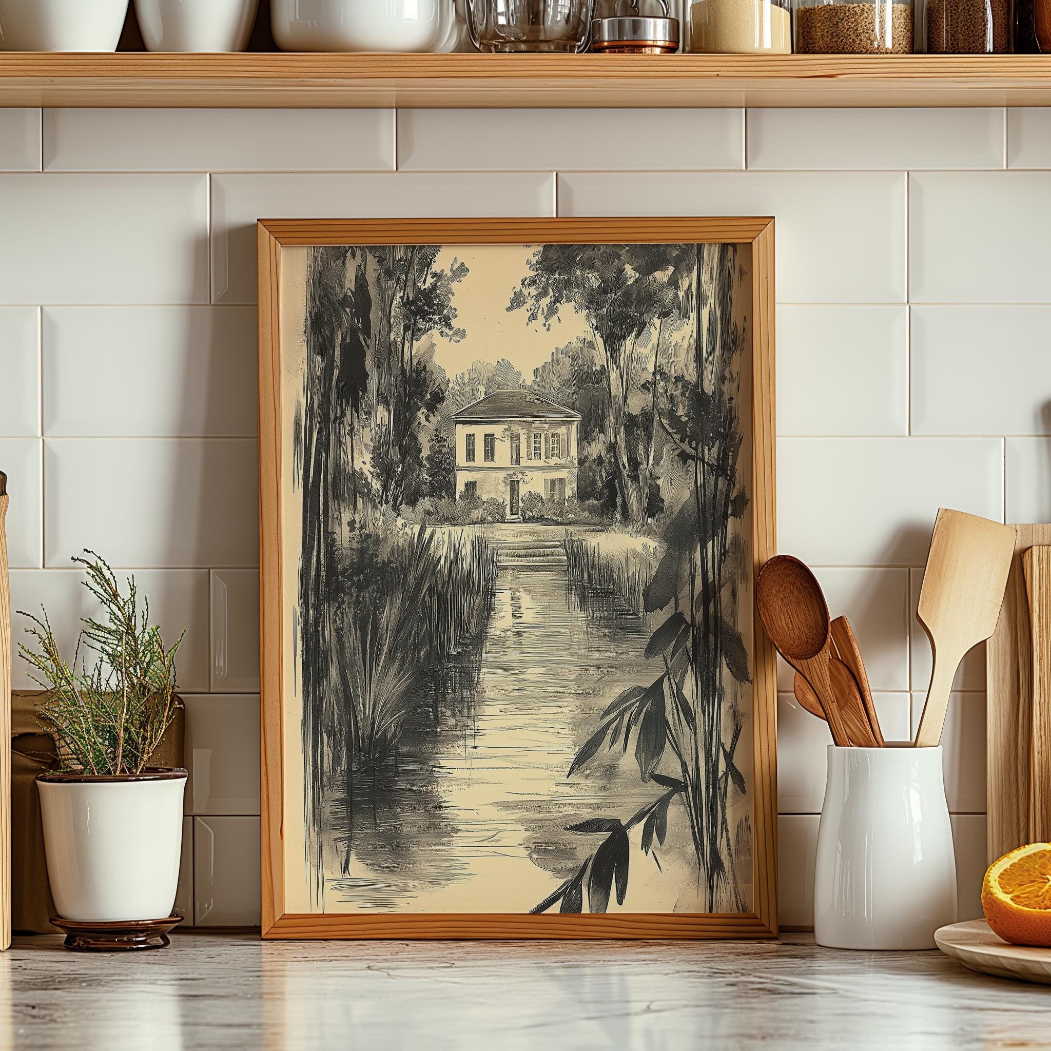 Vintage French Estate Garden Drawing, Landscape Sketch Print