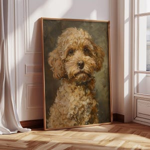 Dipinto di cane vintage, ritratto di animale domestico antico, stampa d'arte moderna di metà secolo, grande dipinto a olio, giclée oversize, Goldendoodle, arte murale CA349