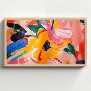 May include: Abstract floral painting in a light wood frame. The artwork features bold brushstrokes of yellow, pink, green, blue, and black paint. The composition is a close-up of stylized flowers with a textured appearance.
