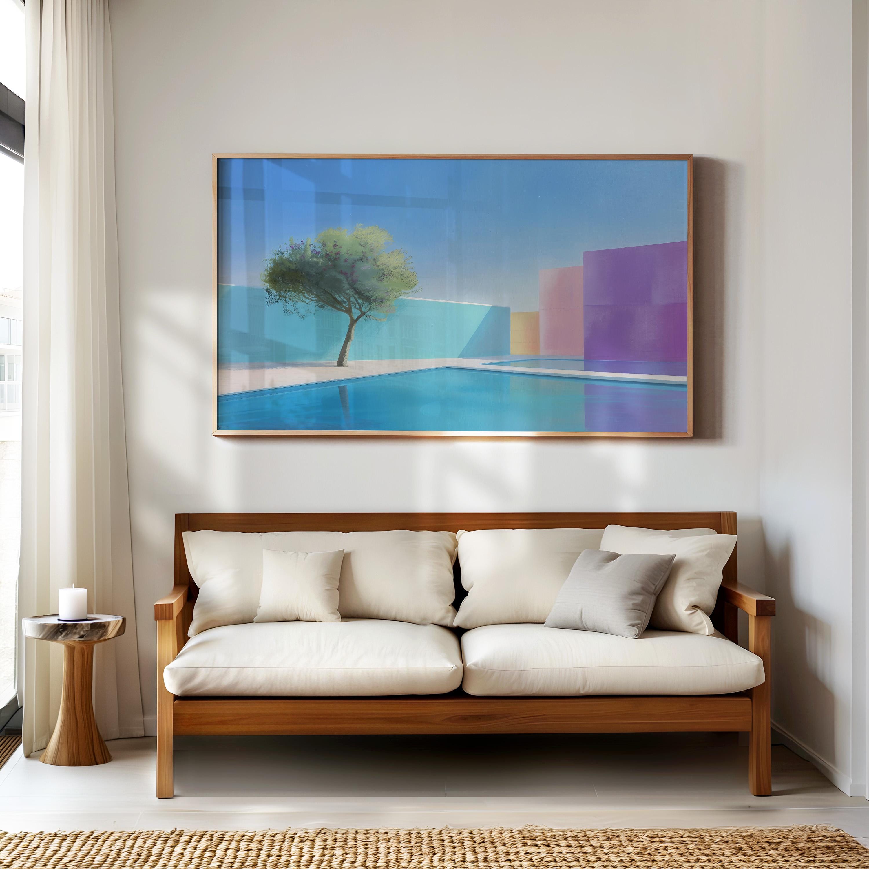 Pastel Swimming Pool Oil Painting, Palm Springs Wall Art, Tropical Coastal Summer Decor 558