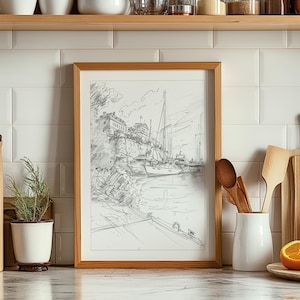 Ingelijste zeilboot schets tropische muurkunst, moderne originele kunst print uit het midden van de eeuw, groot olieverfschilderij oversized ingelijste giclee nautische 331