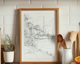 Ingelijste zeilbootschetskunstdruk: moderne nautische giclee uit het midden van de eeuw