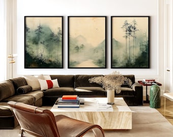 Japanese Wall Art Set of 3 Prints, Vintage Japandi Decor, Wabi Sabi Mountain, Minimalist Mid Century Modern, Sage Green Ink Wash Landscape