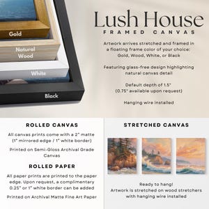 The image is an advertisement for Lush House Framed Canvas, showcasing different framed canvas options in gold, natural wood, white, and black. It also features rolled canvas and stretched canvas options, along with a description of the artwork arriving stretched and framed in a floating frame color.