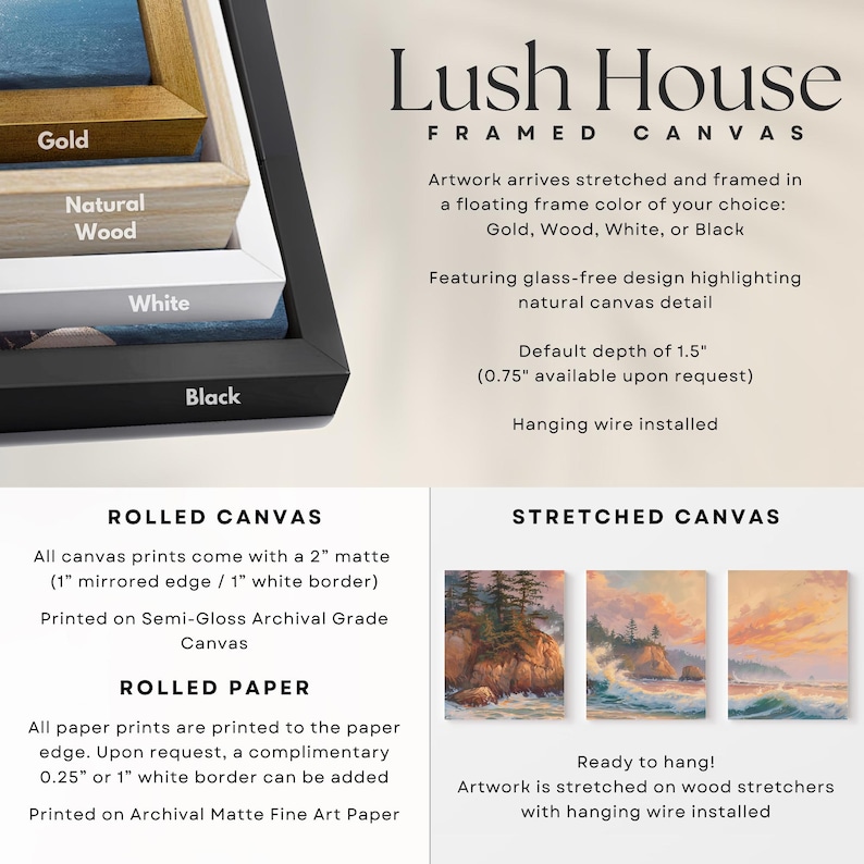 The image is an advertisement for Lush House Framed Canvas, showcasing different framed canvas options in gold, natural wood, white, and black. It also features rolled canvas and stretched canvas options, along with a description of the artwork arriving stretched and framed in a floating frame color.