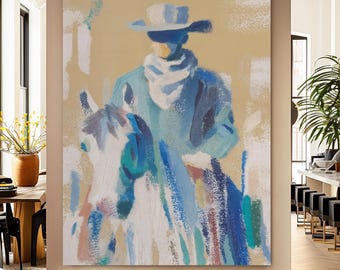 Abstract Cowboy Art Print: Japandi Western Wall Decor Blue Teal Gestural Horse Rider Painting 1231