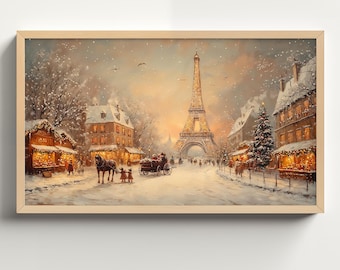 Puede incluir: Una pintura que representa una escena de calle parisina nevada con la Torre Eiffel en el fondo. La calle está bordeada de edificios y árboles de Navidad, y hay un carruaje tirado por caballos en primer plano.