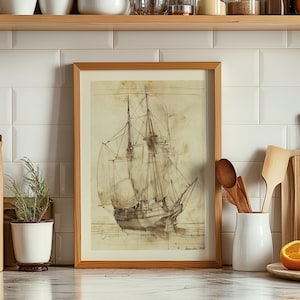 Vintage neutrale zeilboot schets, tropische kunst aan de muur, moderne kunst print uit het midden van de eeuw, groot olieverfschilderij oversized giclee nautische kunst 525