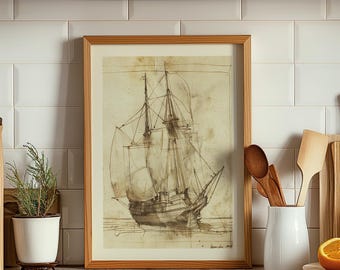 Vintage zeilboot Sketch Art Print: moderne nautische giclee uit het midden van de eeuw