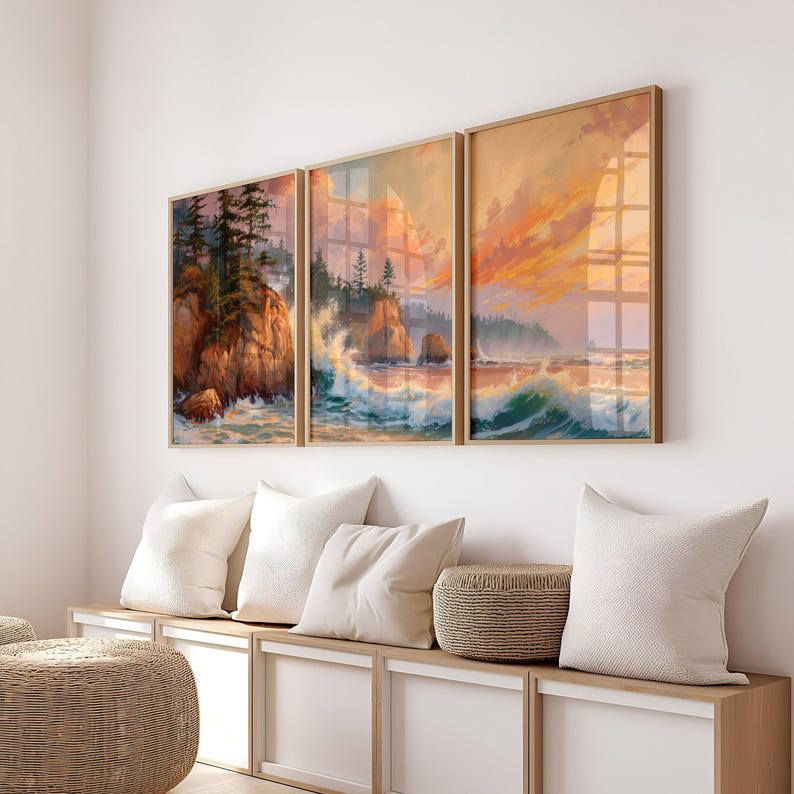 PNW Landscape Painting, Oregon Coast Ocean Prints Set of 3, Coastal Beach House Wall Art Gallery, Triptych Daybreak Seascape Decor 658 image 5