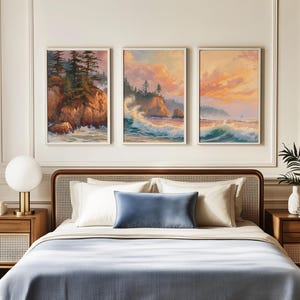 PNW Landscape Painting, Oregon Coast Ocean Prints Set of 3, Coastal Beach House Wall Art Gallery, Triptych Daybreak Seascape Decor 658 image 2