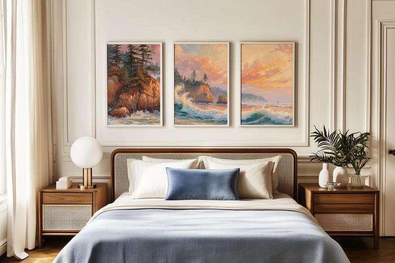 PNW Landscape Painting, Oregon Coast Ocean Prints Set of 3, Coastal Beach House Wall Art Gallery, Triptych Daybreak Seascape Decor 658 image 2