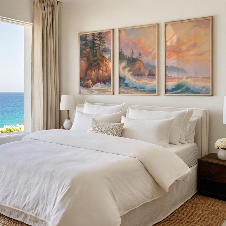 a bedroom with a large bed and paintings on the wall