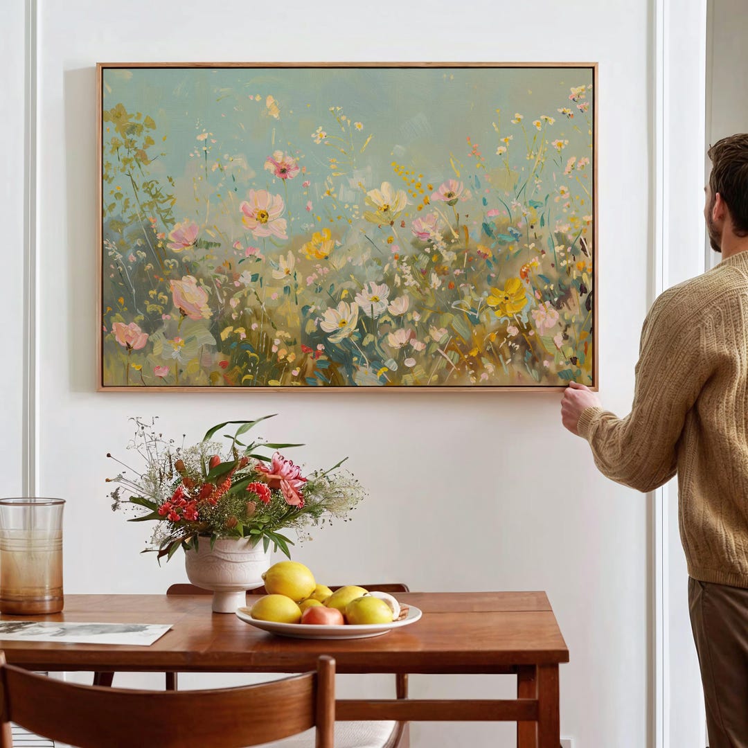 Pastel Abstract Wild Flowers Oil Painting, Blue & Green Wall Art Print ...