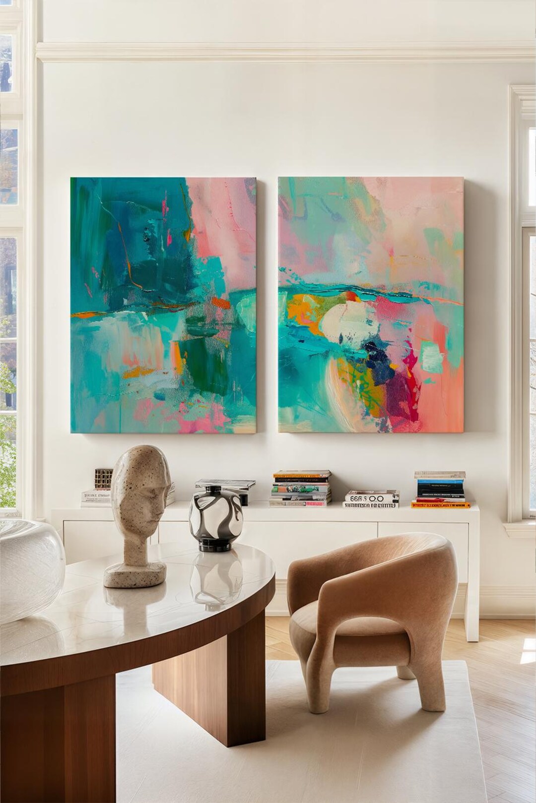 明るくカラフルなピンクとターコイズの抽象画プリント、アートプリント