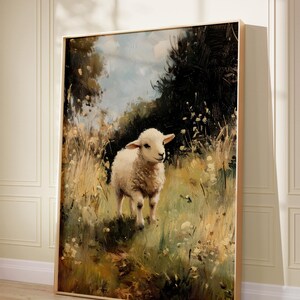 Dipinto ad olio di agnello antico, arte vintage di animali della foresta, stampa originale, decorazione di campagna con pecore, opera d'arte tradizionale di giardini inglesi Giclee 1128