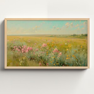 Wildflower Coastal Decor, Lush Pastel Pink Flowers Summer Landscape Oil Painting, Digital Download, Samsung Frame TV Art