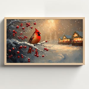 Roter Kardinal Weihnachtsrahmen Tv Kunst, Vintage Ölgemälde Weihnachtsdekorvogel Malerei, verschneite Winterlandschaft, Feiertagskunstwerk TVX51