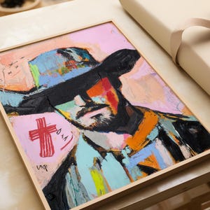 Dipinto a olio su tela raffigurante un cowboy, opera d'arte originale da parete, stampa artistica astratta da rodeo western, decorazione da cowboy in stile ranch californiano, grande opera d'arte da parete in Texas 1143