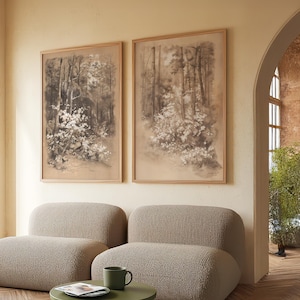 Vintage Neutral Landscape Sketch Set of 2 Prints, Set of 2 Large Prints, Gallery Wall Set, Diptych Art Gallery Set Wall Decor 522