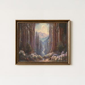Tela con foresta di pini e sequoie di luna piena, stampa di pittura a olio di paesaggio vintage, arte murale rustica di montagna, decorazione boschiva, regalo per gli amanti della natura