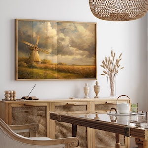 Vintage Windmill Oil Painting  Giclee Wall Art Print, Large Art, Abstract Geometric Art Mid Century Modern Art Minimalist Decor 193