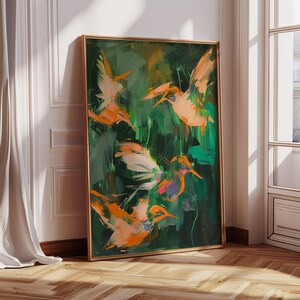 Dipinto ad olio astratto vintage con colibrì, grande stampa artistica di uccelli, grande opera d'arte verde e arancione, decorazione costiera tropicale CA461