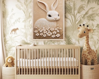 Bunny Nursery Print: Beige Woodland Animal Art