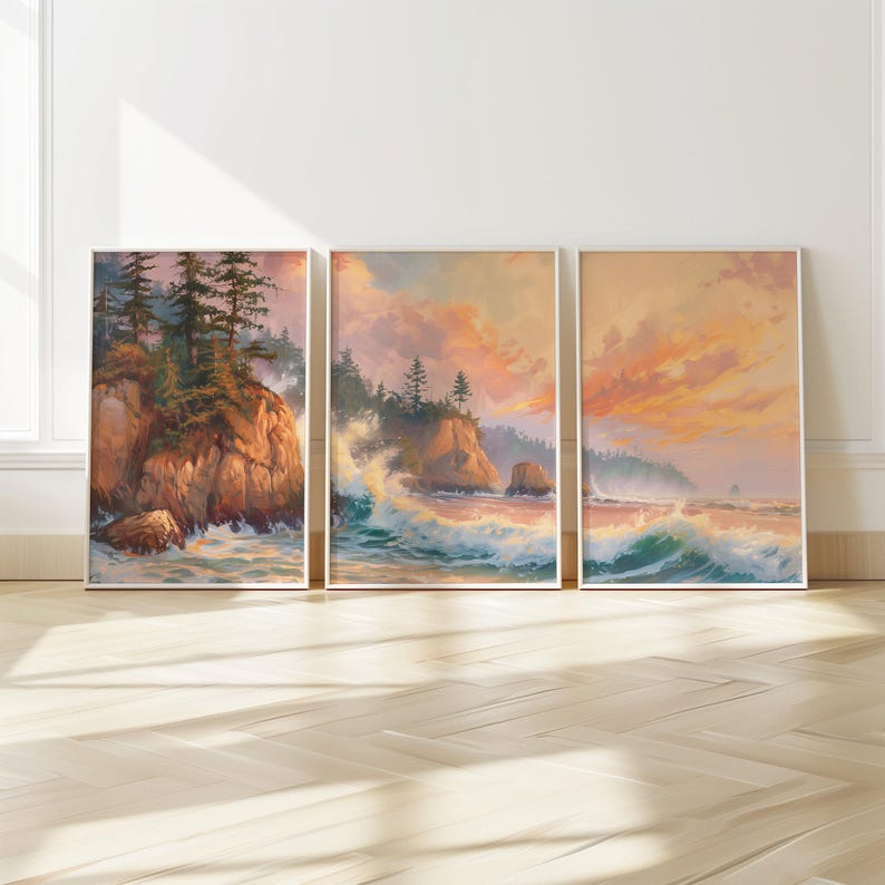 three paintings on a wall in a room