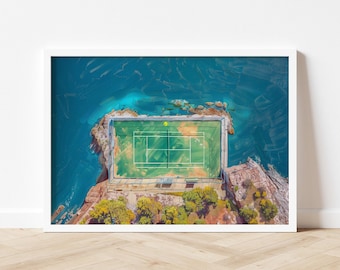 Hamptons Tennis Court Coastal Wall Art, Modern Seaside Landscape Print, Summer Sports Decor, California Ocean Home Gift 590