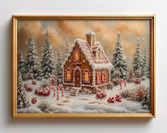 Gingerbread House Christmas Oil Painting Art Print, Gold Xmas Tree Festive Market, Snowy City, Winter Holiday Vintage Wall Art 1040