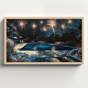 海岸沿いのハンプトンズアートフェームTVサマーデコレーション、花火の裏庭プールの油絵、クールトーンの抽象画USAデジタルダウンロード