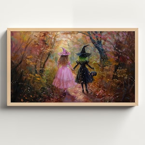 May include: Two witches, one in a pink dress and one in a black dress, walk along a forest path. The witch in the pink dress has a pointed hat with a purple ribbon. The witch in the black dress has a pointed hat with a green ribbon. Both witches are holding hands.
