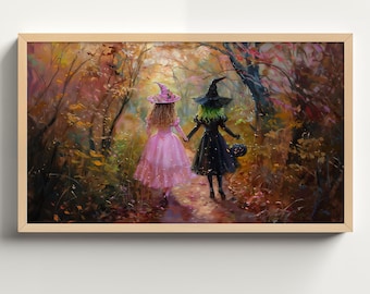 Arte de TV con marco de Halloween vintage, niñas pidiendo dulces, bruja malvada verde, pintura de disfraz rosa, papel tapiz de decoración de fiesta infantil de Oz TV962