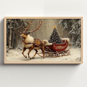 Frame TV Art Reindeer Sleigh, Christmas Tree Ornaments TV Pictures, Samsung Frame tv Artwork Christmas Vintage Style Oil Painting Xmas TVX44
