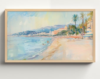 Pastel Beach Town Watercolor Painting, Samsung Frame TV Art, Vintage Coastal Decor, Digital Download