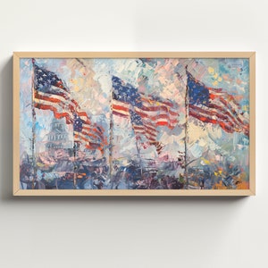 May include: A painting of four American flags waving in the wind in front of the US Capitol building. The flags are painted in a loose, impressionistic style with vibrant red, white, and blue colors.