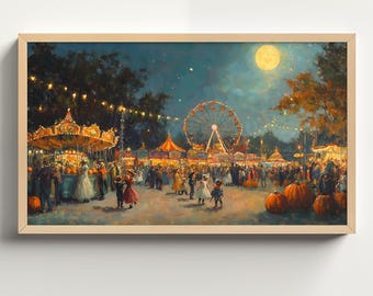 Vintage Halloween Carnival Frame TV Art, Festive Fair At Night, Trick Or Treat Antique Oil Painting, Costume Party Screensaver TV919