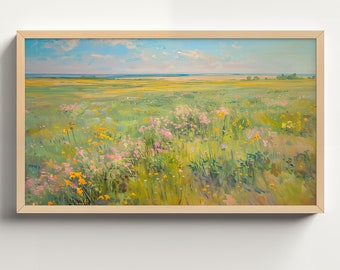 Abstract Pastel Art, Samsung Frame TV Artwork, Wildflowers Spring Landscape Oil Painting, Digital Download