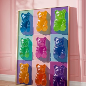 Gummy Bear Pop Art Oil Painting Print, Colorful Rainbow Candy Wall Art, Gummy Bear Art, Trendy Maximalist Aesthetic, Y2K 1001