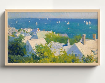 Vintage Summer Coastal View, Abstract Samsung Frame TV Art, Beach Oil Painting, Cape Cod Digital Download