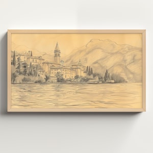 Samsung Frame TV Art, Vintage Rustic Landscape Sketch DIGITAL Download, Lake Como Sketch Painting, Vintage Art