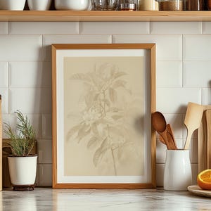 Impresión artística de flores tropicales neutras: Giclée moderno de mediados de siglo