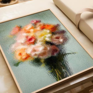 Ramo de flores abstracto, arte colorido y peculiar dibujado a mano, peonías, impresión artística de colores brillantes, impresión de arte moderno, pared de galería, baño de vidrio